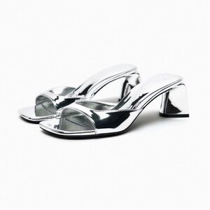 NEW Zara Silver Metallic Block Heel Sandals LIMITED EDITION